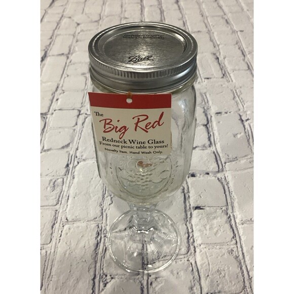 The Big Red “ Redneck Wine Glass” Ball Mason Jar With Glass Stem Base. NWT - Picture 1 of 5